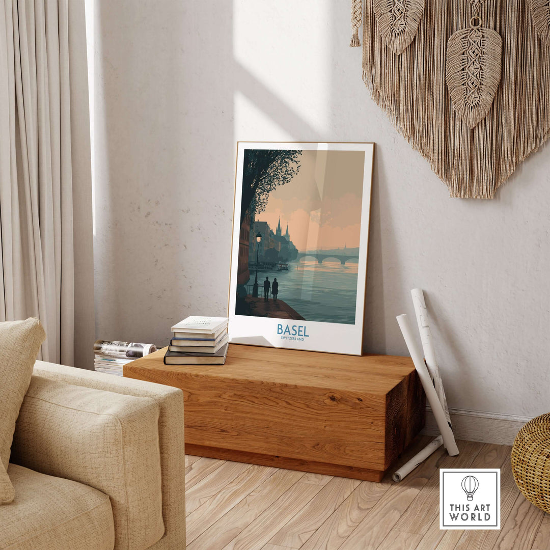 Serene Basel Switzerland print displayed in a cozy living room, showcasing European charm and elegance.