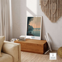 Basel Switzerland Print - Serene Travel Destination Decor displayed in a cozy living room setting.
