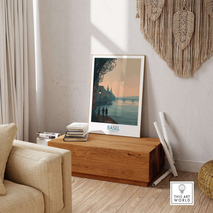 Serene Basel Switzerland print displayed in a cozy living room, showcasing European charm and elegance.