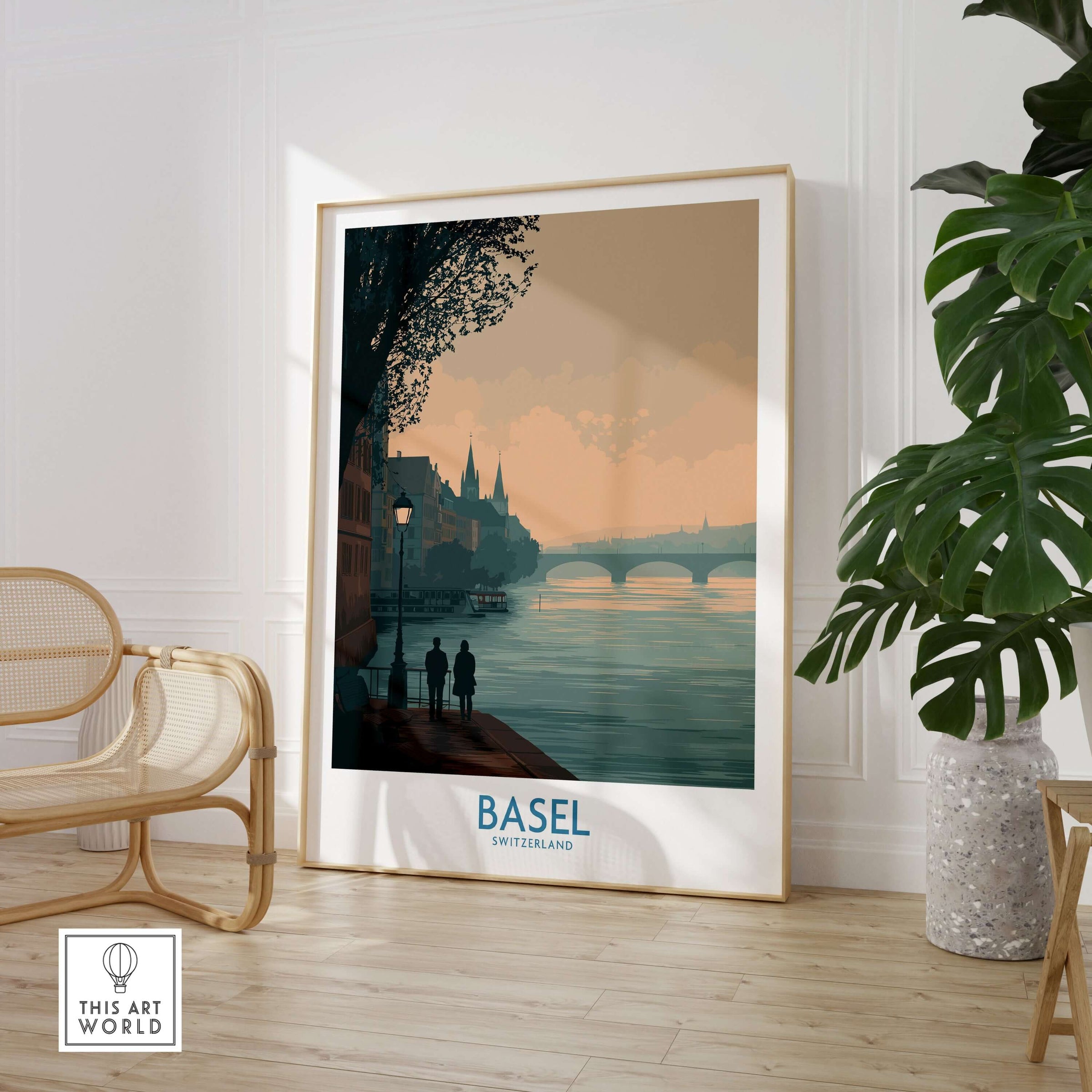 Basel Switzerland Print - Serene Travel Destination Decor in elegant living room setting with plant.