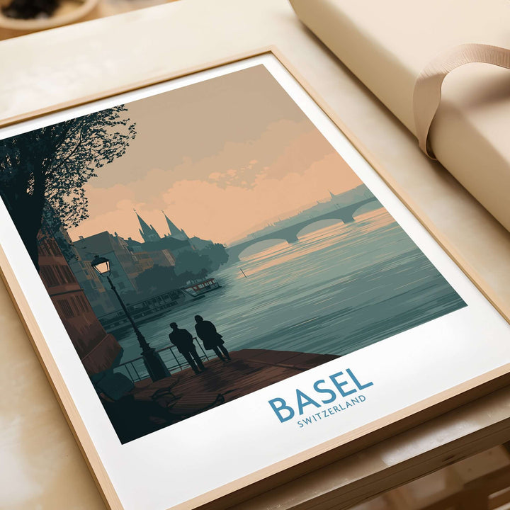 Basel Switzerland print showcasing serene riverside scene and iconic architecture, perfect travel decor for elegant spaces.