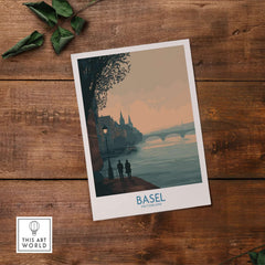 Basel Switzerland Print - Serene Travel Destination Decor showcasing picturesque cityscape on wooden background.