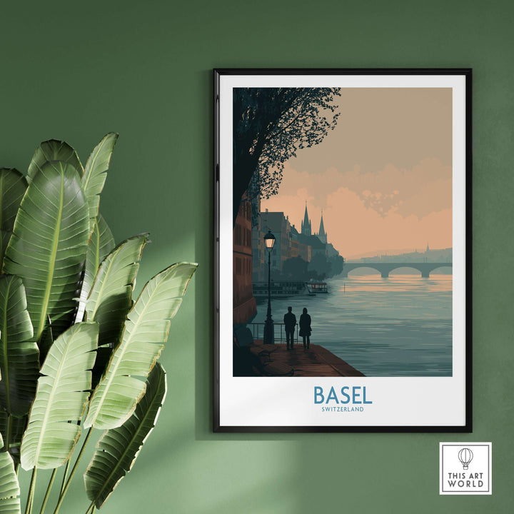 Basel Switzerland print showcasing a tranquil riverside scene, framed in a stylish green room decor.