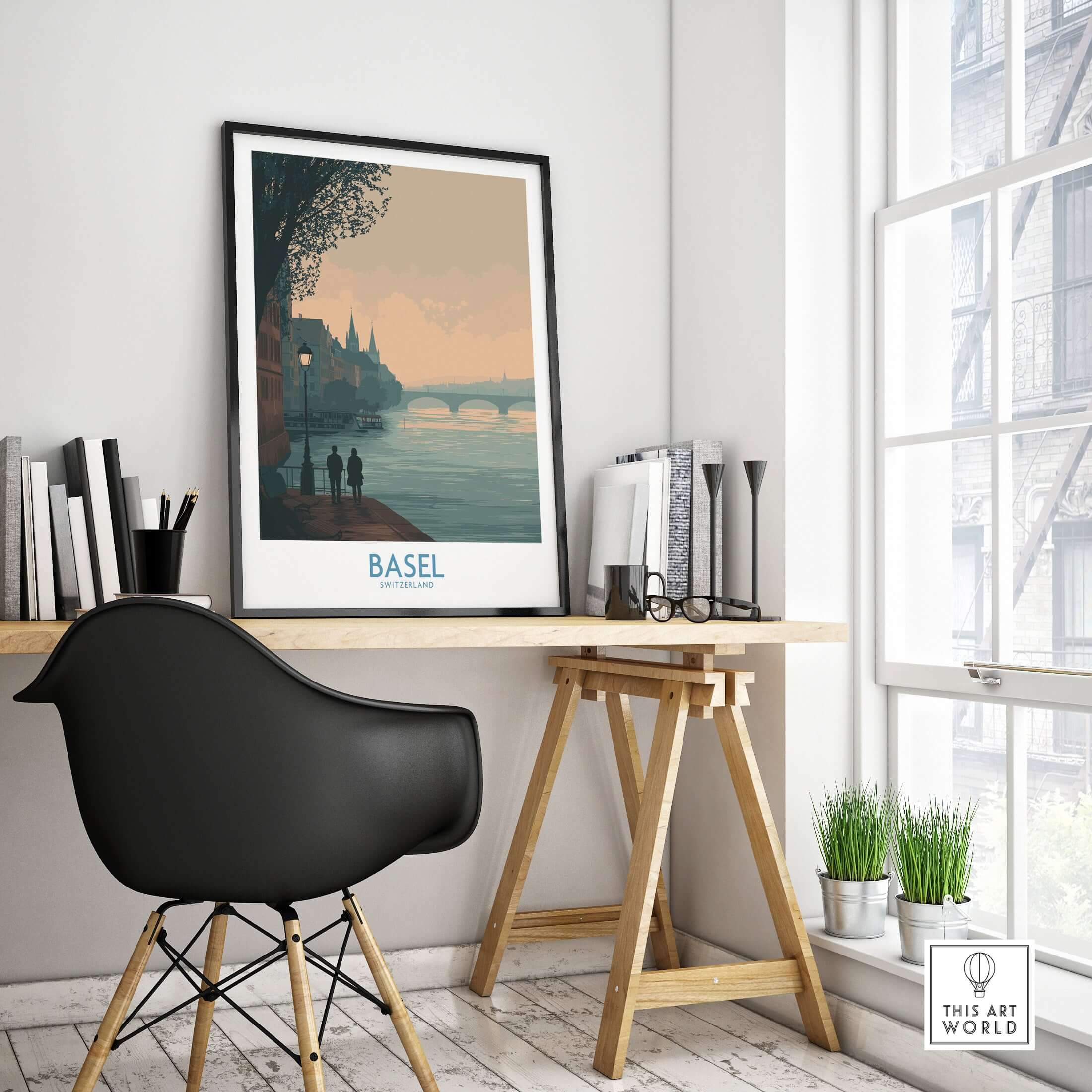 Basel Switzerland Print - Serene Travel Destination Decor displayed in a stylish home office setting.