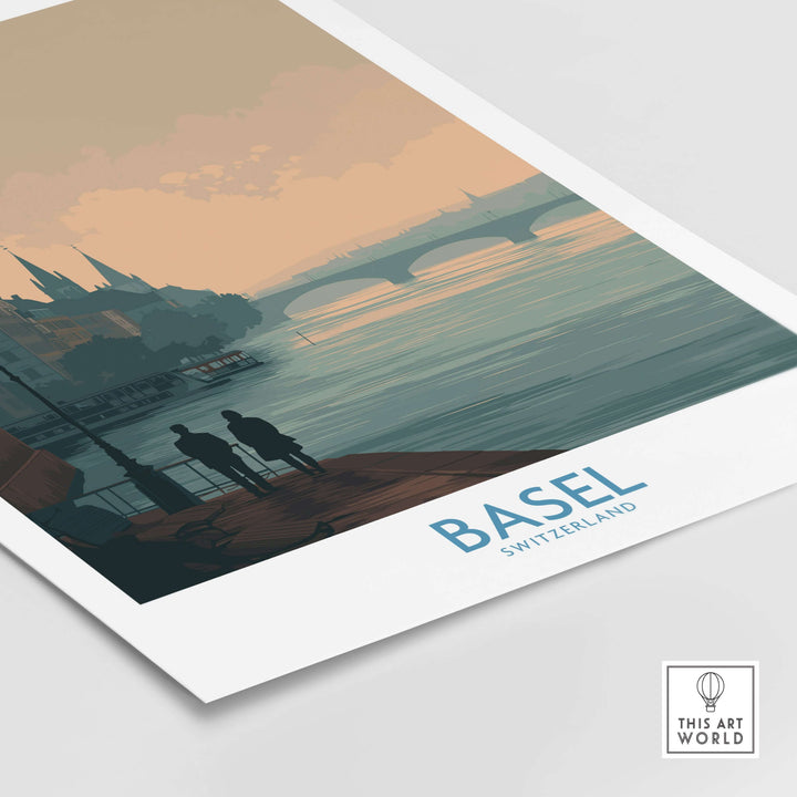 Basel Switzerland print featuring serene landscape and couples by the river, ideal for travel decor.