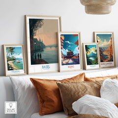 Basel Switzerland Print - Serene Travel Destination Decor showcased among other travel prints on a stylish wall.