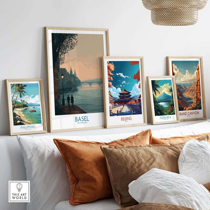 Gallery of travel destination prints featuring Basel, Beijing, Costa Rica, the Grand Canyon, and the Philippines.