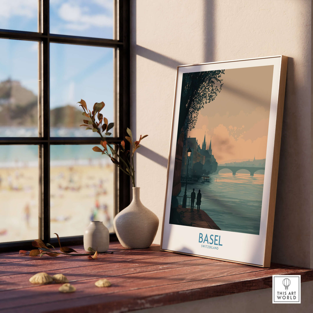 Basel Switzerland print displayed on a windowsill, capturing serene travel destination scenery and elegant decor.