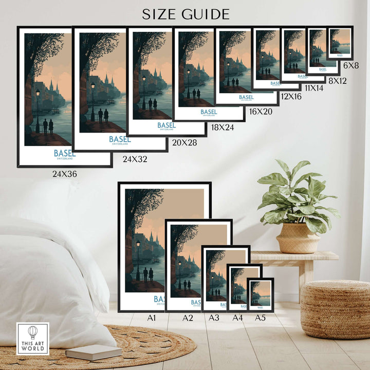 Size guide for Basel Switzerland print showcasing various dimensions for decor options in serene travel aesthetics.