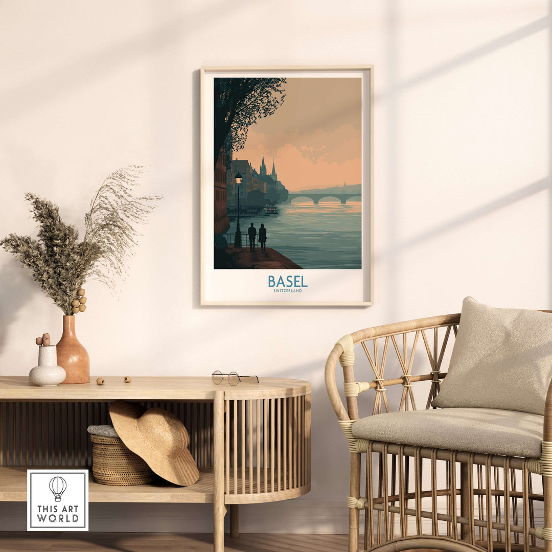Basel Switzerland print showcasing serene river view and silhouettes, perfect for elegant travel decor.