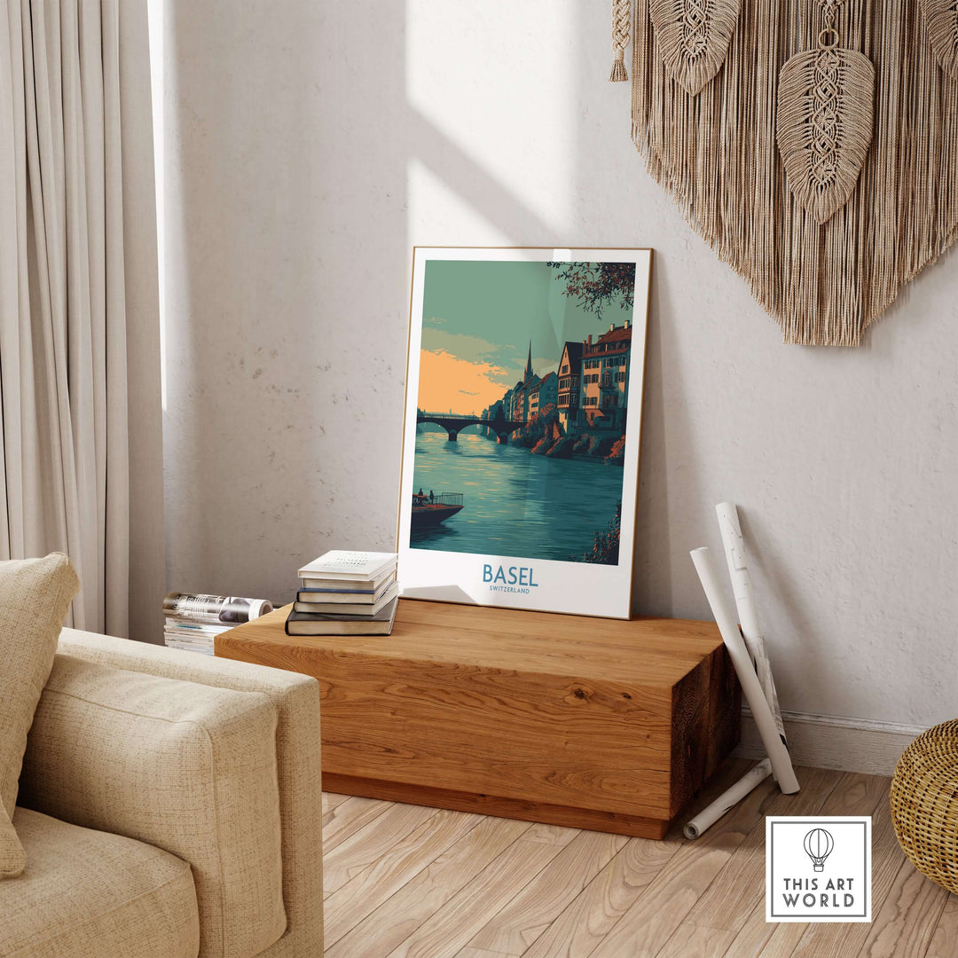Basel Rhine Promenade art print displayed in a stylish living room, showcasing European travel decor and charm.