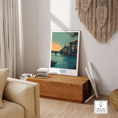 Basel Switzerland Rhine Promenade Art Print - European Travel Decor displayed in a stylish home interior.