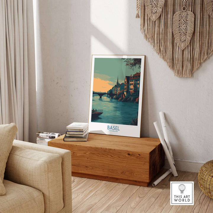 Basel Rhine Promenade art print displayed in a stylish living room, showcasing European travel decor and charm.
