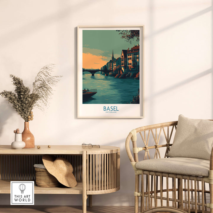 Basel Switzerland Rhine Promenade art print displayed in a modern home setting, highlighting European travel decor.