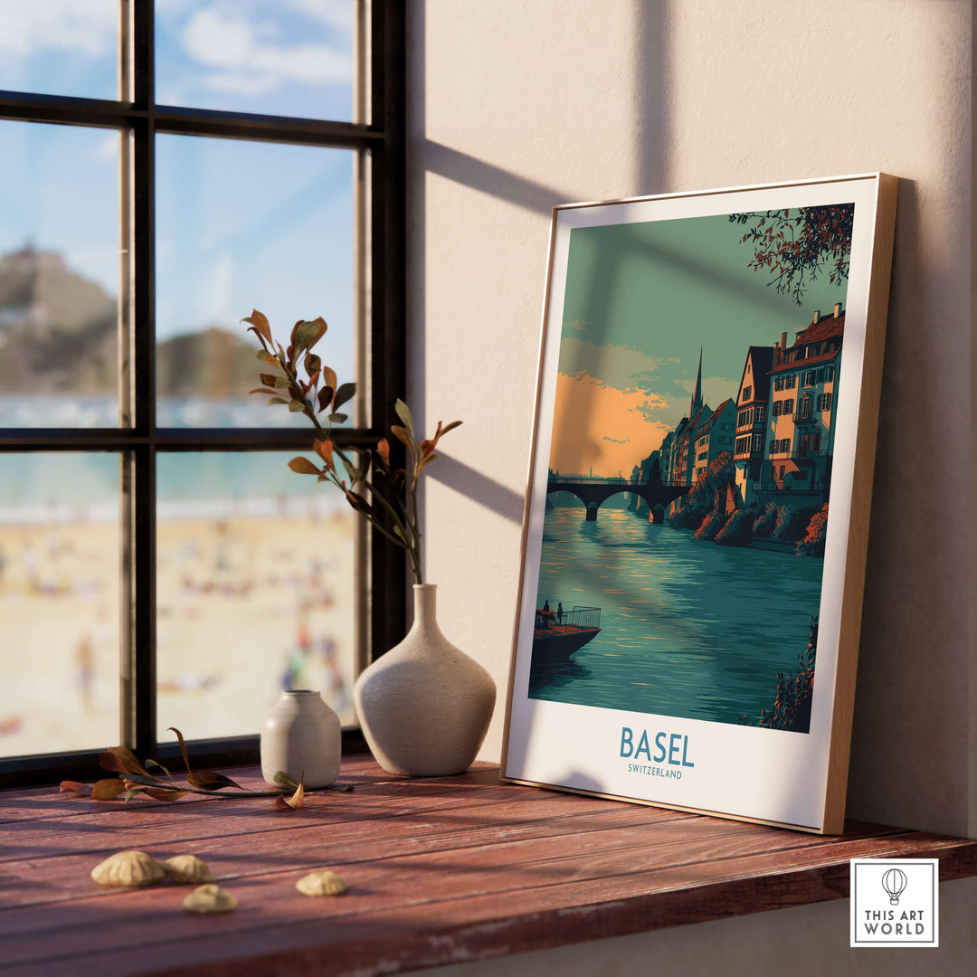 Basel Switzerland Rhine Promenade art print showcased in a sunny window setting, adding European travel decor to any home.