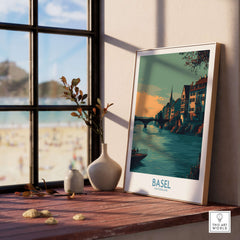 Basel Switzerland Rhine Promenade Art Print - European Travel Decor displayed on a wooden table near a sunny window.