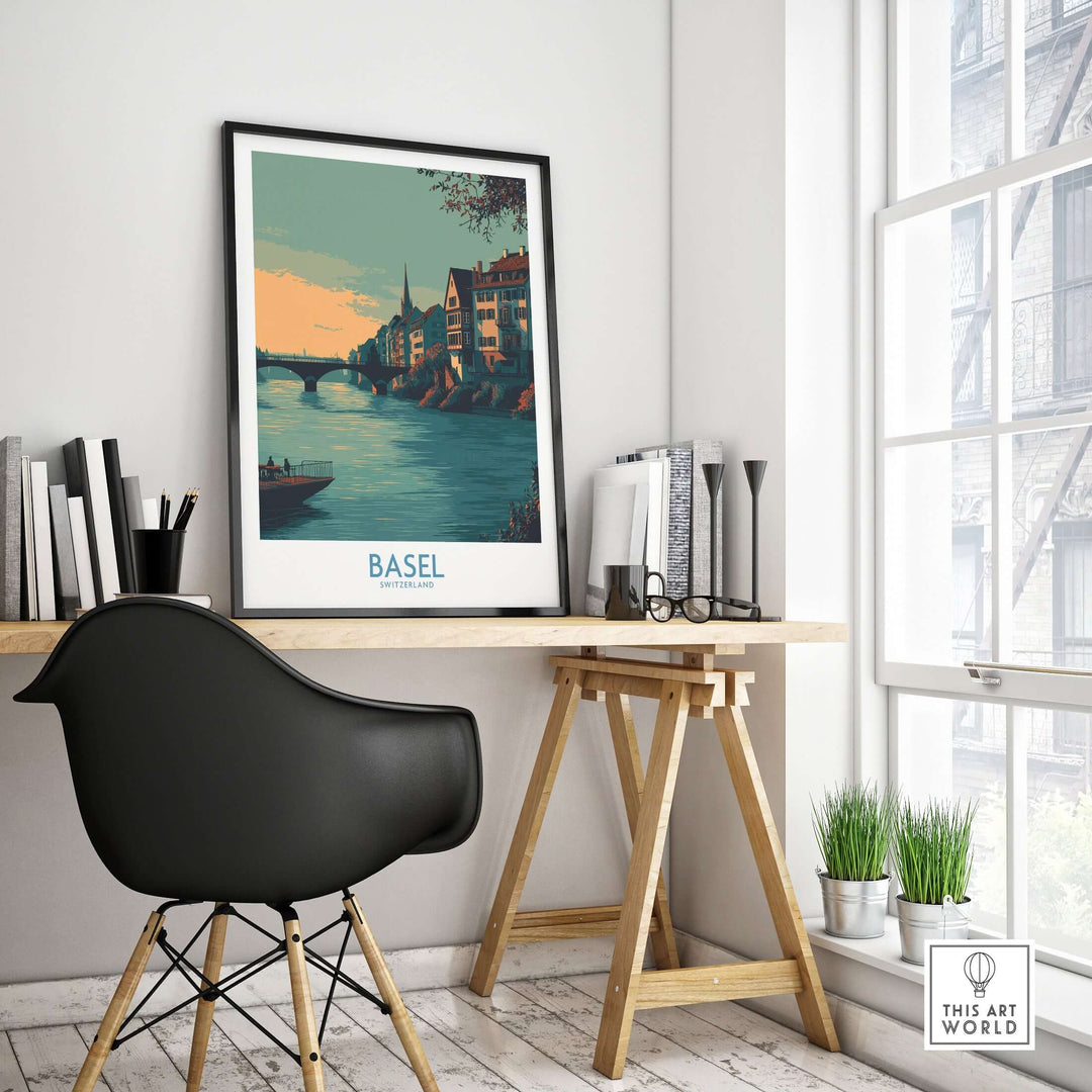 Basel Switzerland Rhine Promenade art print in modern workspace, showcasing riverside charm and European travel decor.