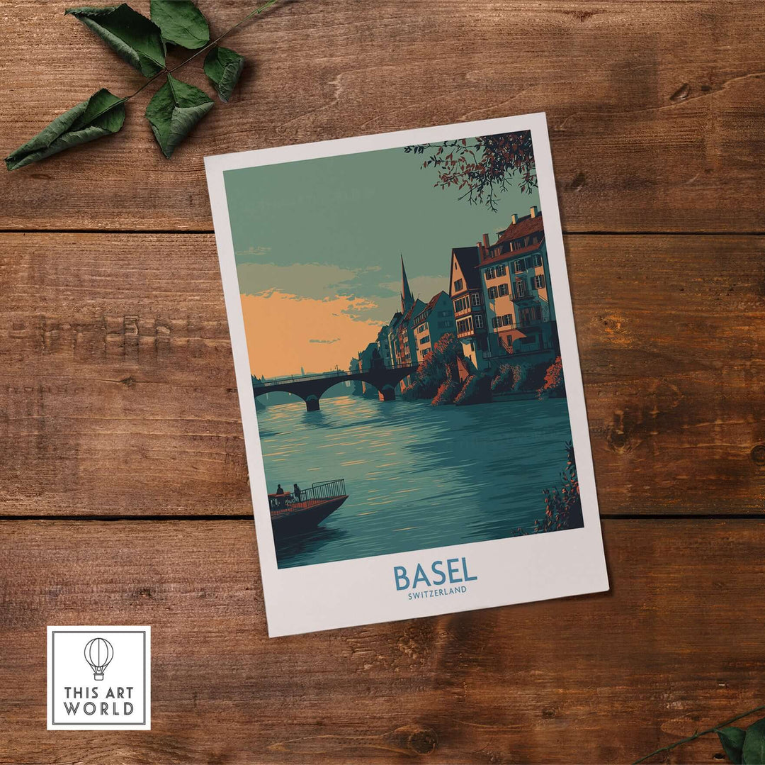 Basel Switzerland Rhine Promenade art print featuring tranquil riverside view and historic architecture.