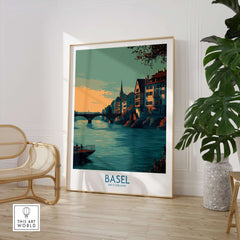 Basel Switzerland Rhine Promenade Art Print - European Travel Decor showcasing riverside charm and historic architecture.