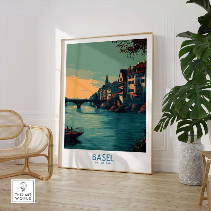 Basel Rhine Promenade art print showcasing vibrant riverside and historic buildings in a stylish interior setting.