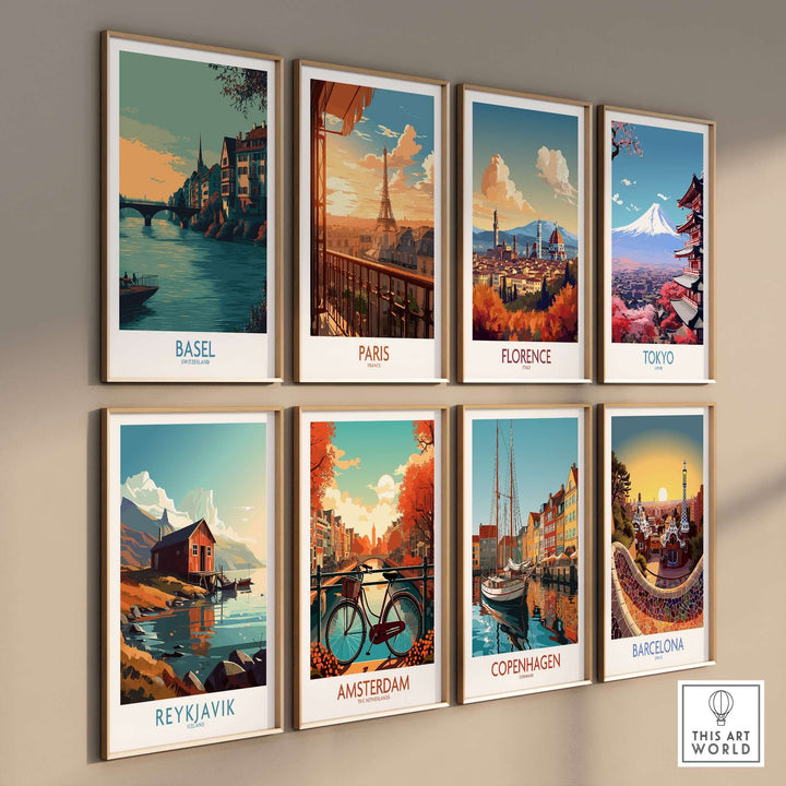 Collection of European travel art prints featuring Basel, Paris, Florence, Tokyo, Reykjavik, Amsterdam, Copenhagen, Barcelona.