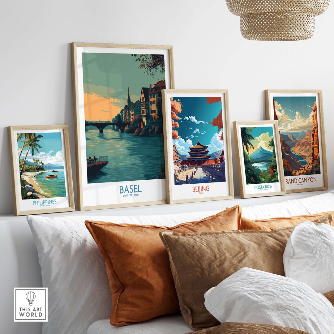 Stylish home decor featuring framed travel art prints of Basel, Beijing, Costa Rica, and more.