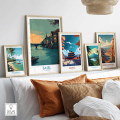 Basel Switzerland Rhine Promenade Art Print - European Travel Decor displayed among other travel art prints on a wall.