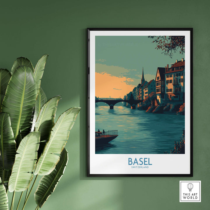 Basel Switzerland Rhine Promenade art print featuring riverside scene and historic architecture.