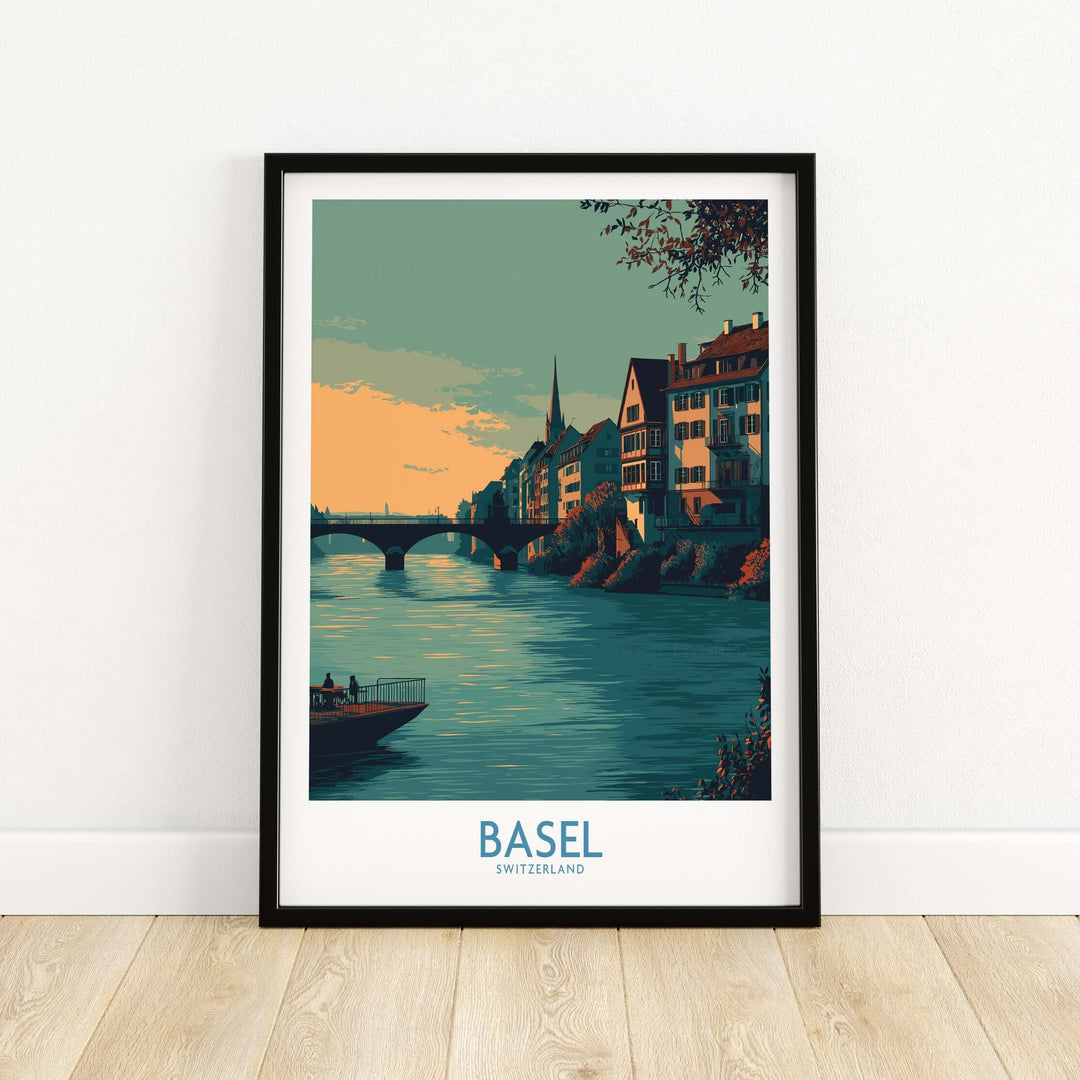 Basel Switzerland Rhine Promenade art print showcasing riverside architecture and sunset hues.