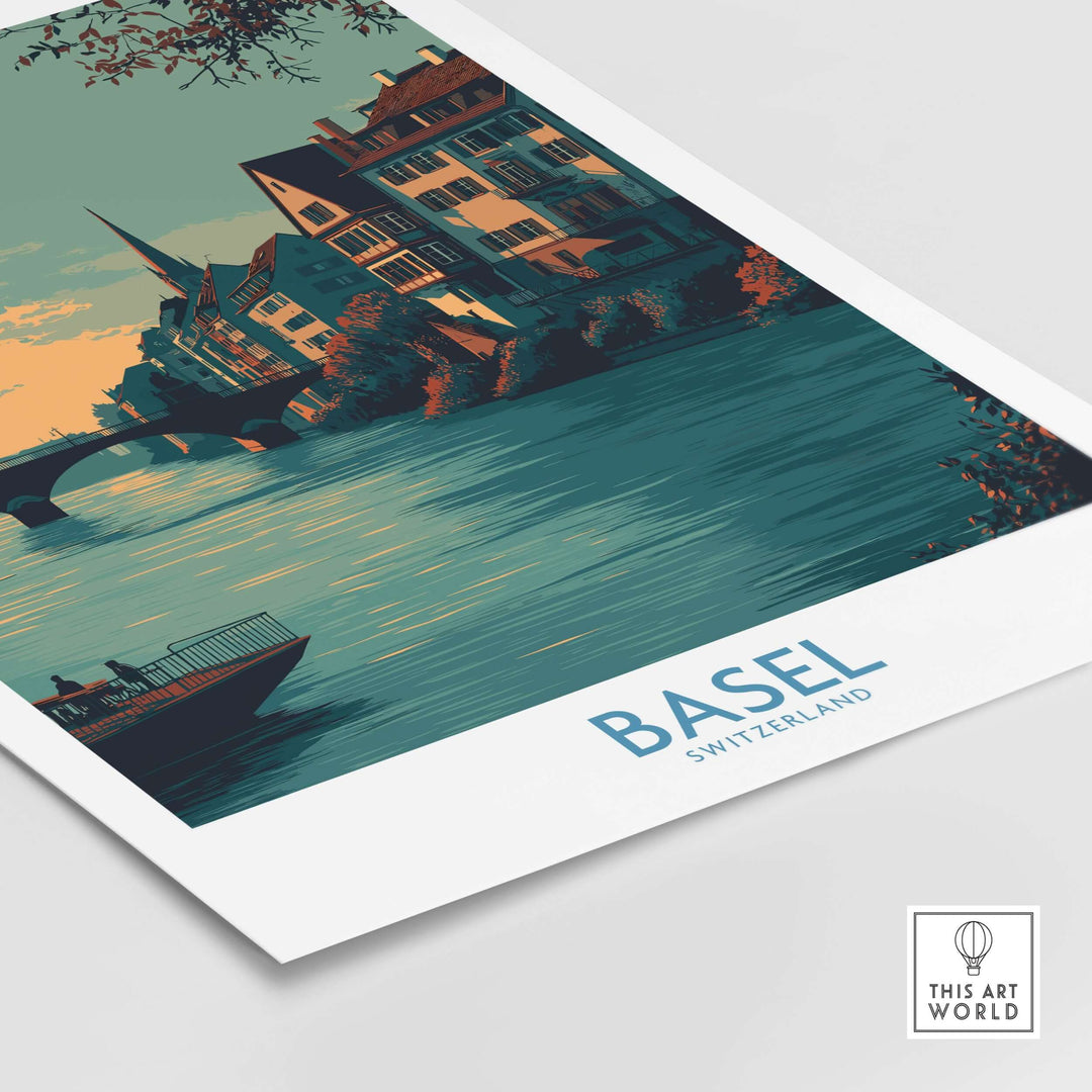 Basel Switzerland Rhine Promenade art print capturing riverside charm and historic architecture, perfect for travel decor.