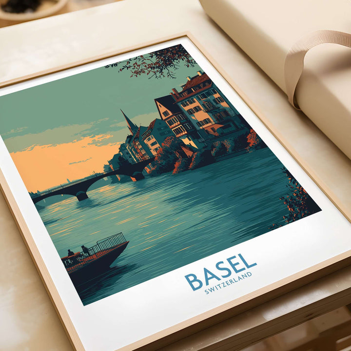 Basel Switzerland Rhine Promenade art print featuring historic architecture and scenic riverside view.