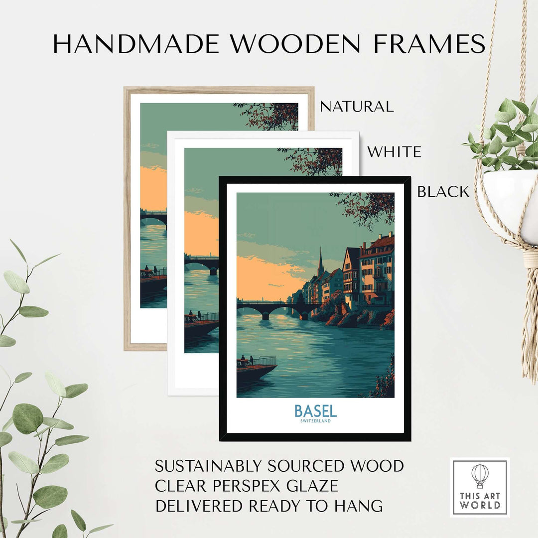 Handmade wooden frames in natural, white, and black for Basel Rhine art print, sustainably sourced wood.