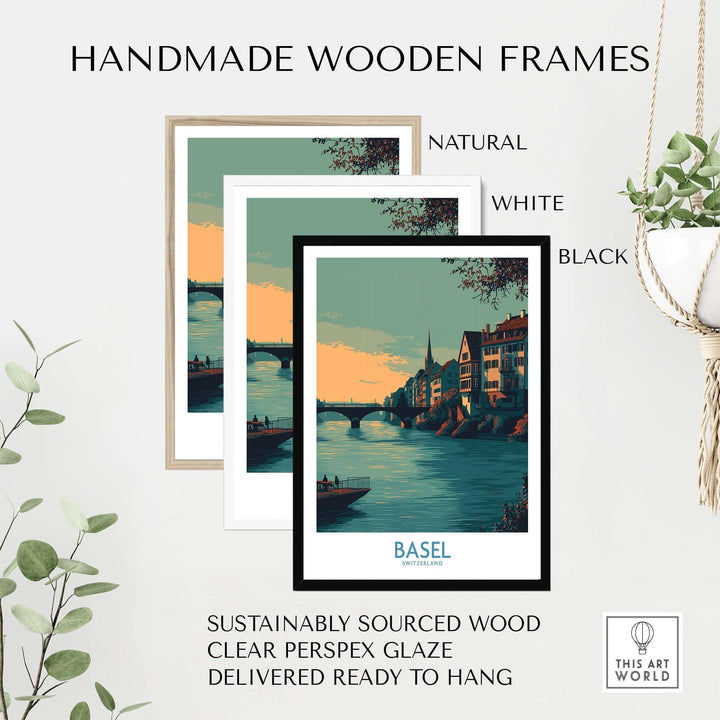 Handmade wooden frames in natural, white, and black for Basel Rhine art print, sustainably sourced wood.