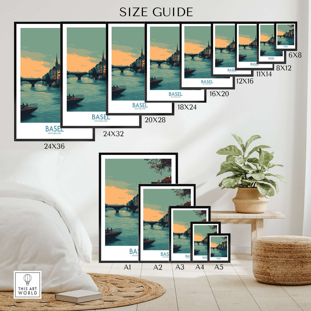 Basel Switzerland Rhine Promenade art print size guide, showing various frame sizes for European travel decor.