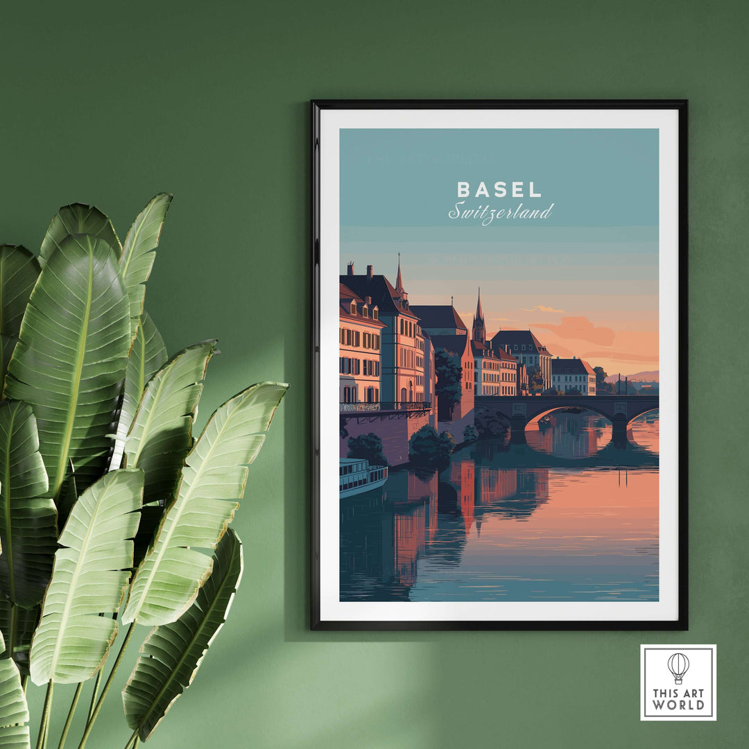 Basel Switzerland Rhine River sunset print showcasing European architecture and serene ambiance.