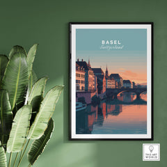 Basel Switzerland Rhine River Sunset Print - European Cityscape Wall Art displayed in a modern interior setting.