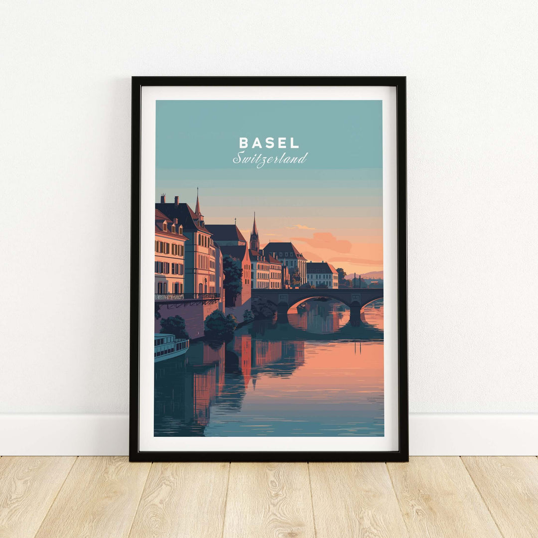 Framed print of Basel Switzerland at sunset, showcasing Rhine River and European architecture.