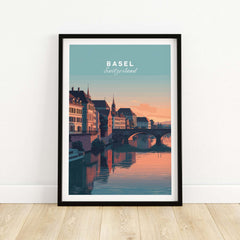 Basel Switzerland Rhine River Sunset Print - European Cityscape Wall Art framed on a wall showcasing Basel's beauty.