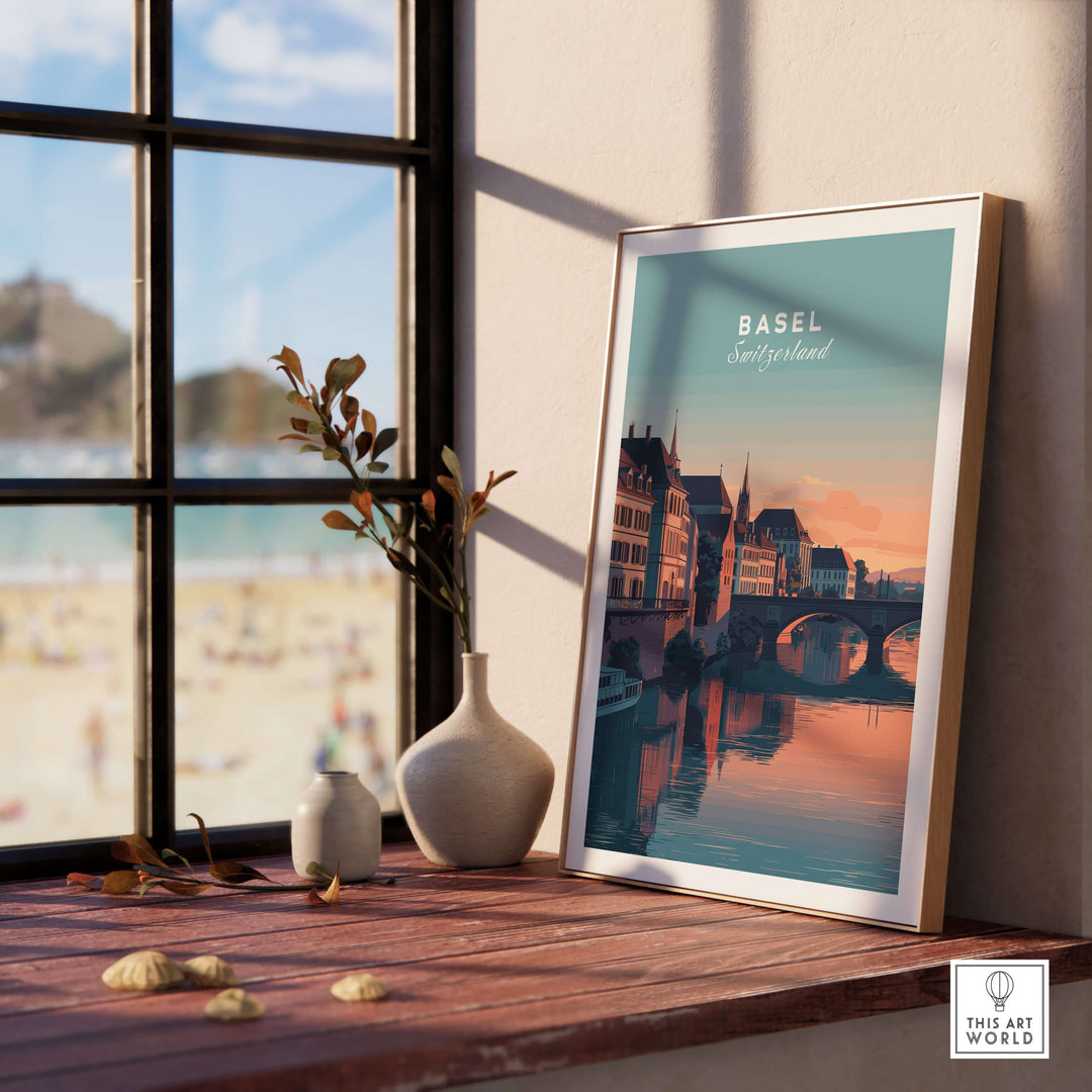 Framed Basel Switzerland Rhine River sunset print showcasing European architecture by a window.