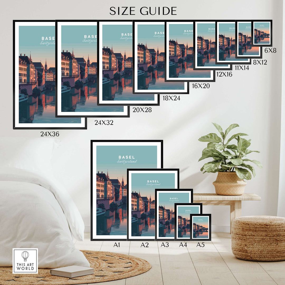 Size guide for Basel Rhine River sunset print in various frame sizes for wall art display.