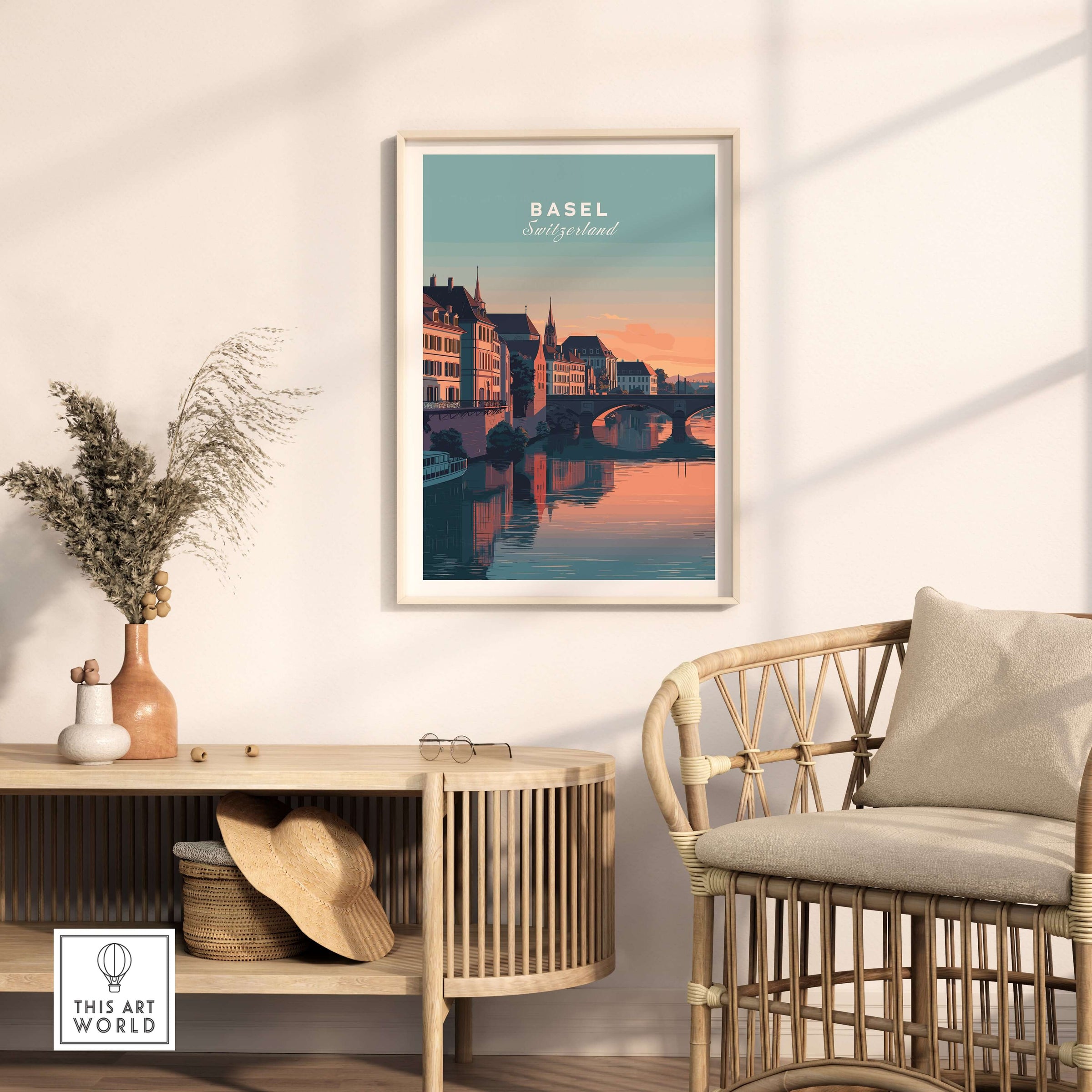 Basel Switzerland Rhine River Sunset Print - European Cityscape Wall Art displayed in a modern living room.