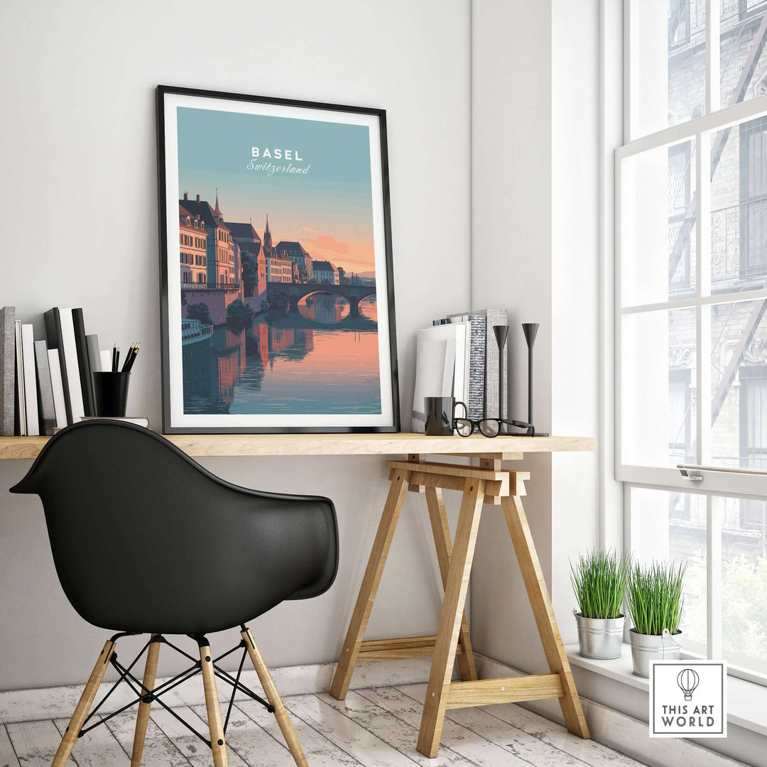 Basel Rhine River sunset print framed in an elegant home office setting with modern decor.