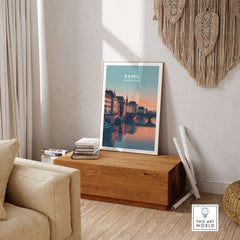 Basel Switzerland Rhine River Sunset Print - European Cityscape Wall Art displayed in a modern living room setting.