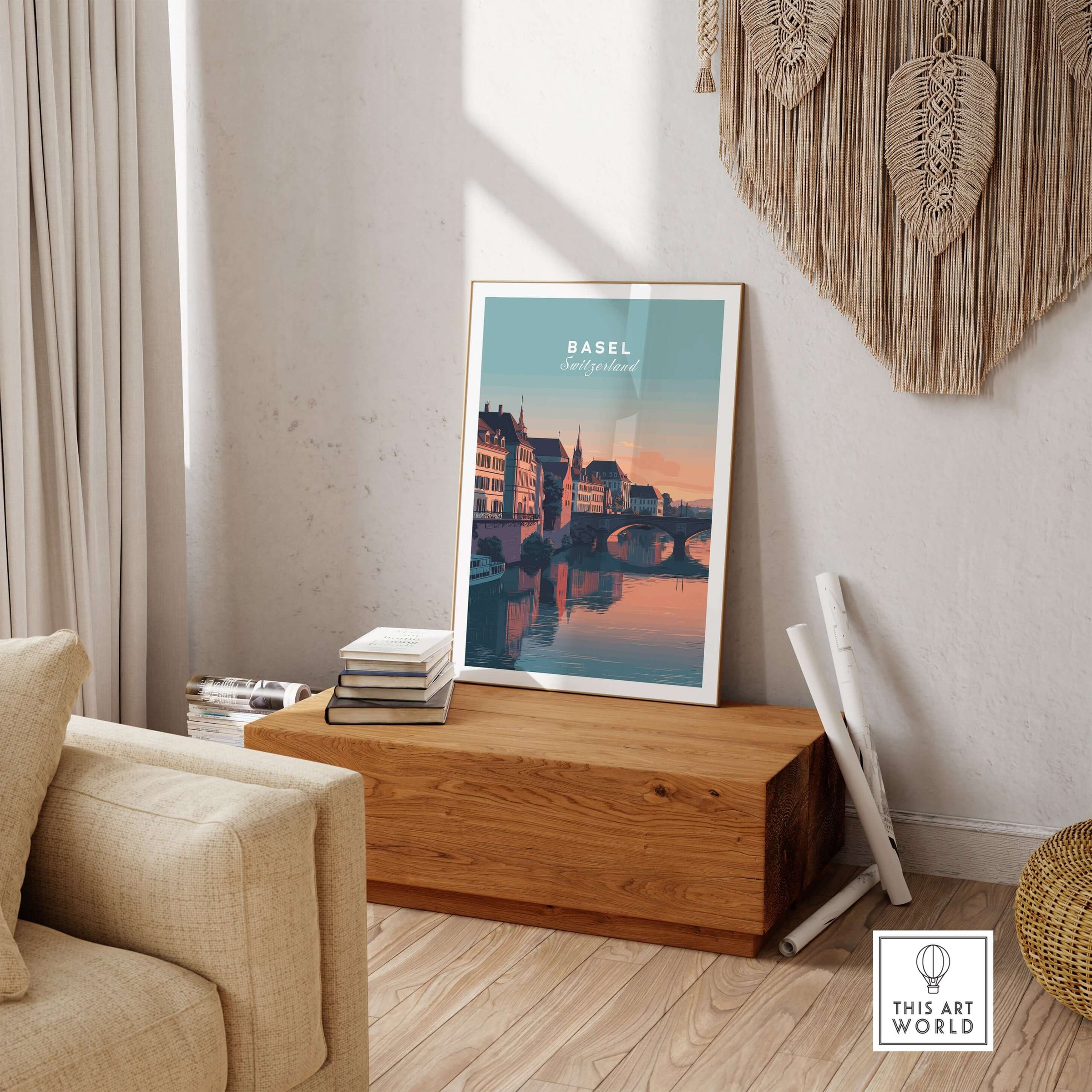 Basel Switzerland Rhine River Sunset Print - European Cityscape Wall Art displayed in a modern living room setting.