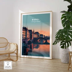 Basel Switzerland Rhine River Sunset Print - European Cityscape Wall Art displayed in a modern interior setting.