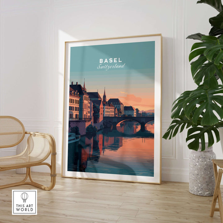 Basel Switzerland Rhine River sunset print in modern decor, showcasing cityscape and bridge reflections.
