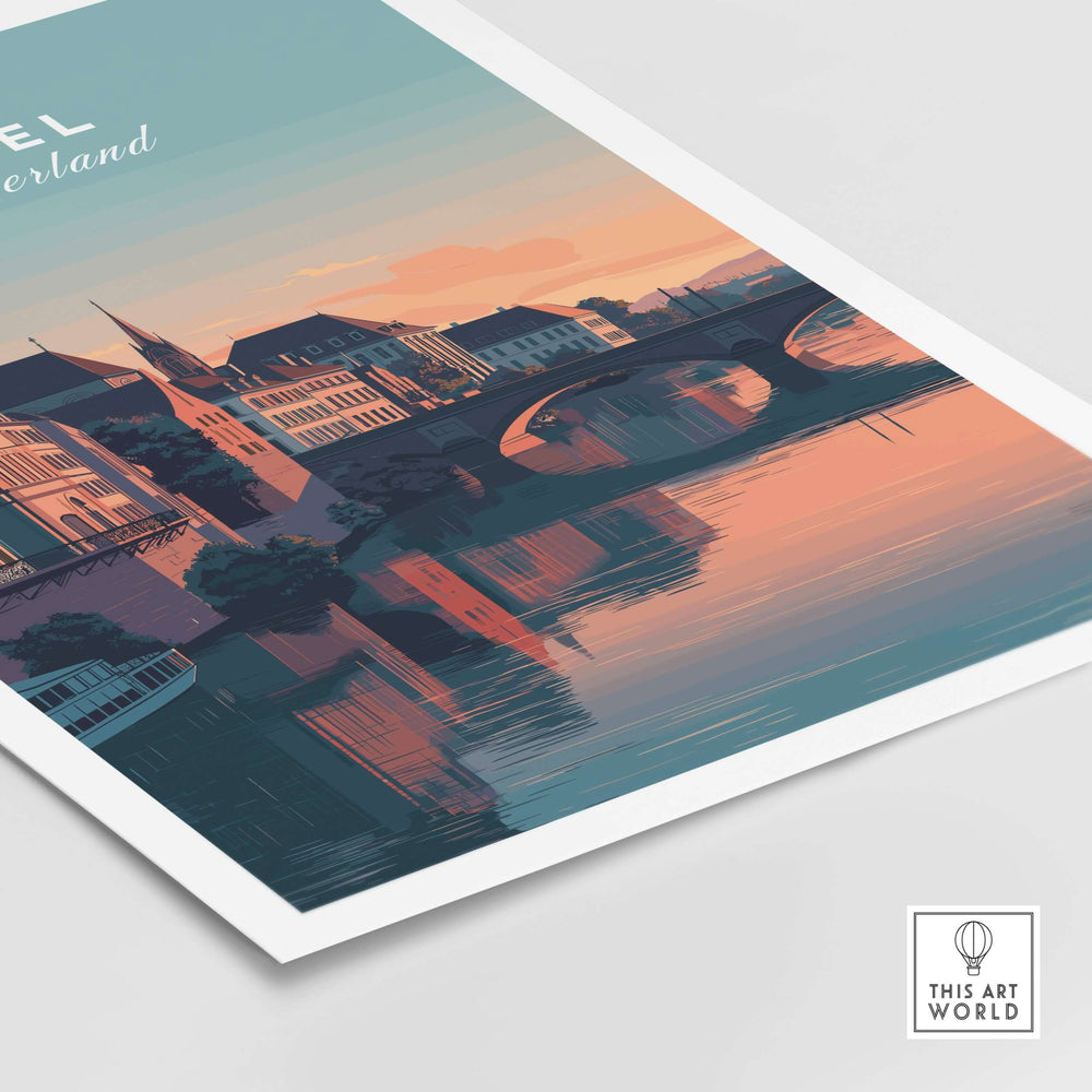 Rhine River sunset print of Basel, Switzerland showcasing European cityscape and warm reflections.