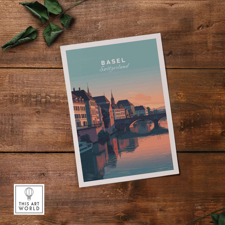 Basel Rhine River sunset print showcasing European architecture and reflections, perfect for wall art decor.