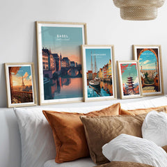 Basel Switzerland Rhine River Sunset Print - European Cityscape Wall Art displayed in gallery frames on a couch.