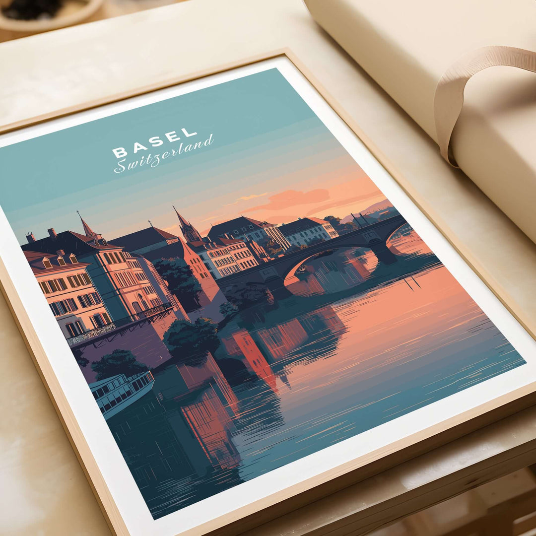 Framed print of Basel, Switzerland at sunset over the Rhine River, highlighting European architecture and serene reflections.